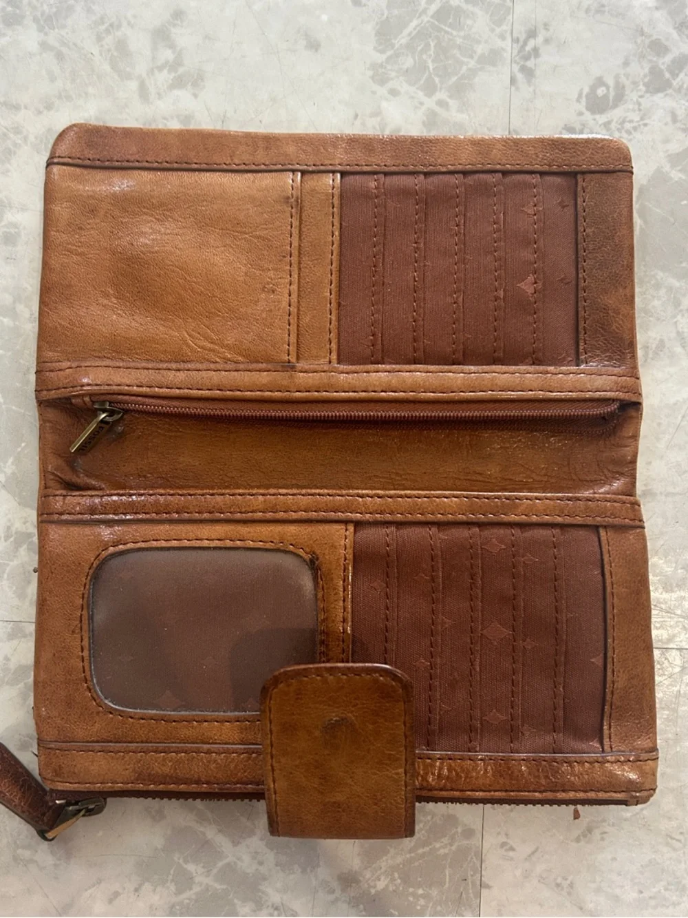 Fossil Tan Leather Zip-Around Wallet with Brass Logo Plate